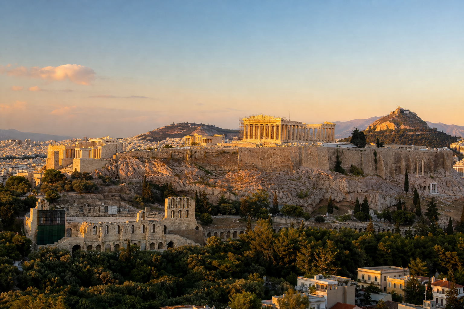 The Acropolis of Athens crowned by the Parthenon at golden hour, above the city, near Piraeus Cruise Port