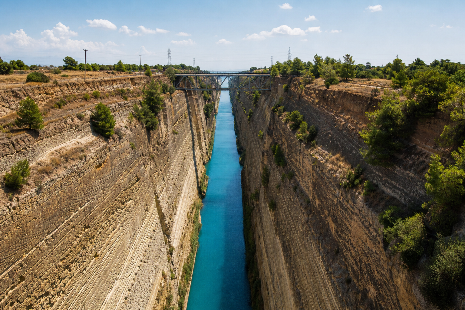 The Corinth Canal cutting through rock with turquoise water below
