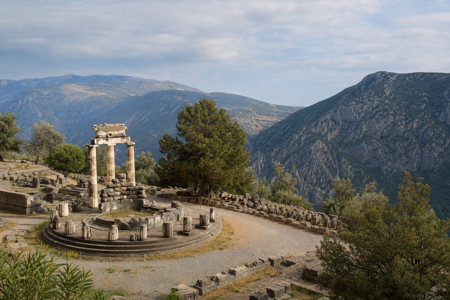 The Tholos of Athena Pronaia at the ancient site of Delphi in the mountains