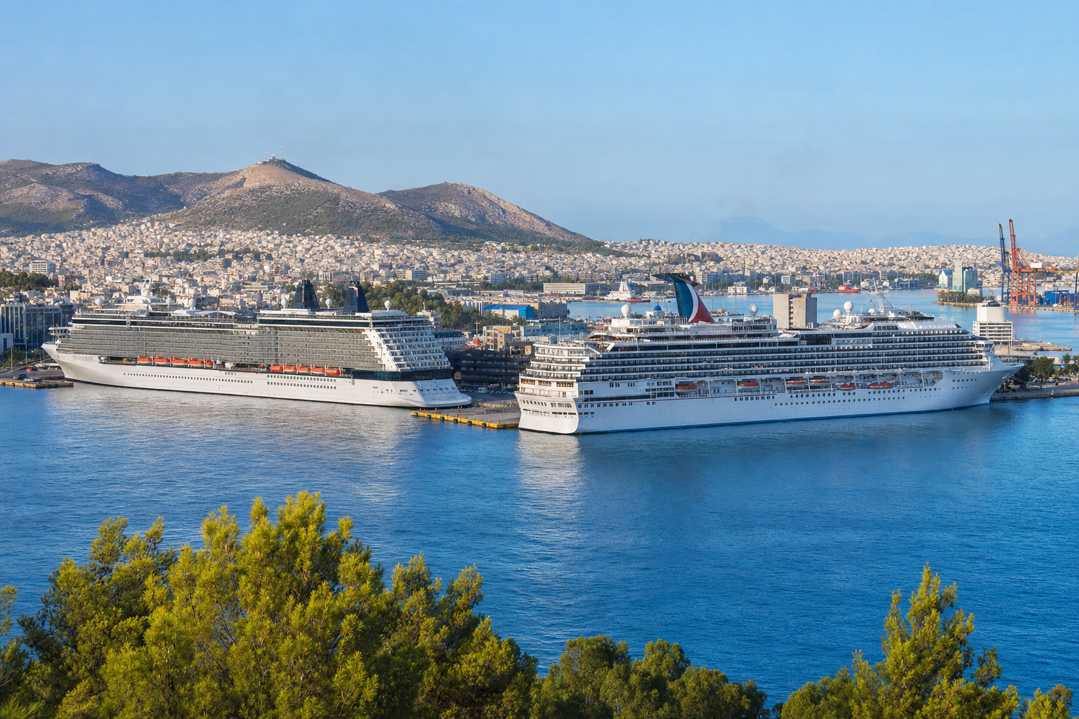Cruise ships docked at Piraeus Cruise Port, the gateway to Athens, Greece