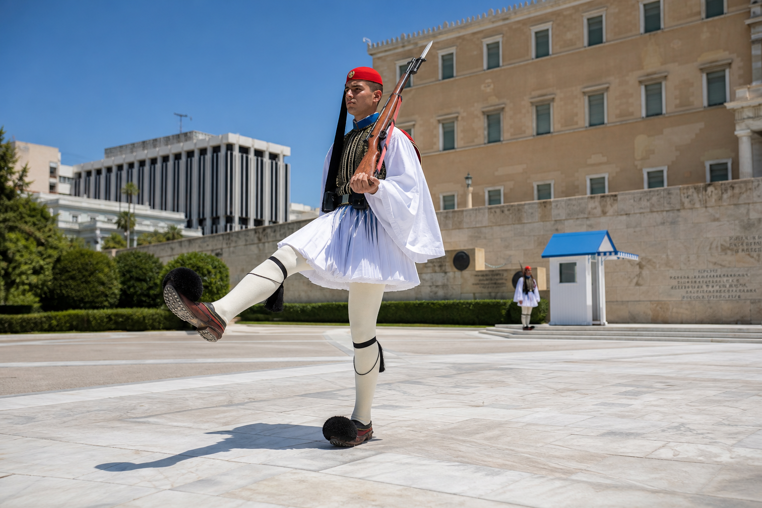 An Evzone guard performing the changing of the guard at Syntagma Square, Athens